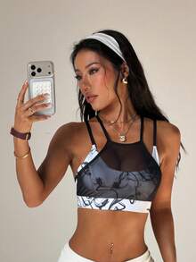 女士时尚黑白扎染印花圆领网眼拼接运动针织文胸 春季 - 黑與白 - 查看 4