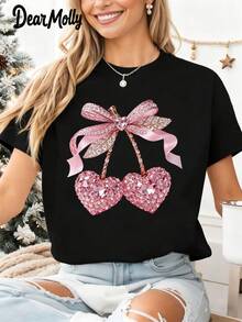 LOVE MOLLY Valentine's Day Cherry Rhinestone Glitter Print Short Sleeve T-Shirt, Retro Funny Valentine's Day Top Summer Casual - Multicolor - View 2