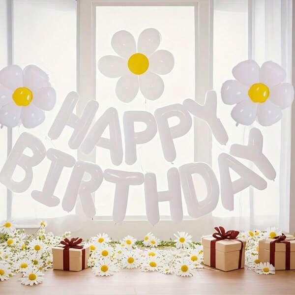 3 pièces Bannière de ballons lettres blanches d'anniversaire, ballons marguerites, ballons en feuille de marguerite. Décoration de fête à thème marguerite et décoration d'événement pour adultes réutilisable