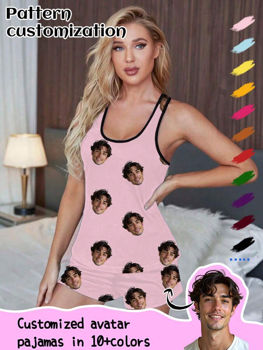 Printstory Customized Women's Tank Top Set, Personalized With Any Pattern, Unique Custom Gift, Suitable For Family, Friends, Holiday Parties - Pink - View 1