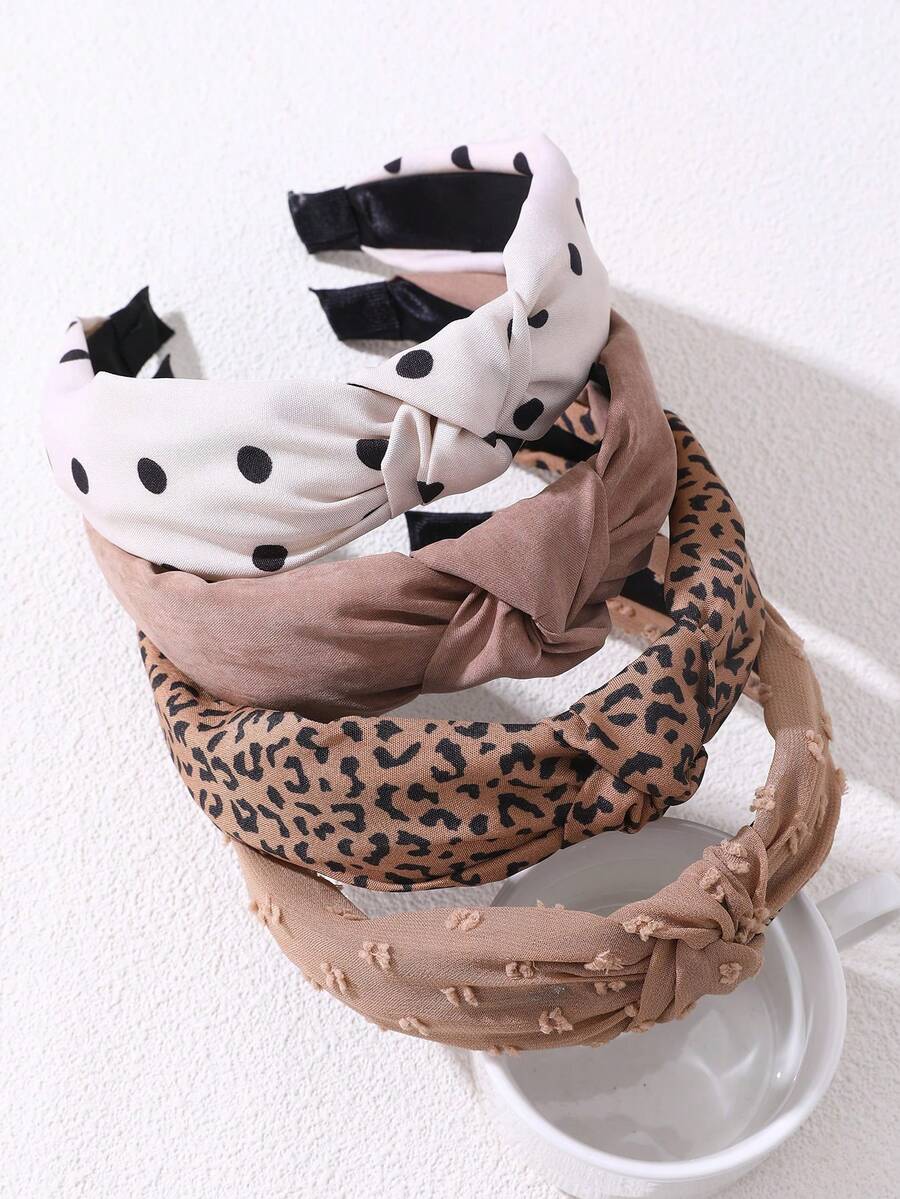 4条装女士简约时尚棕色豹纹波点印花发箍,适合日常、派对、度假、波西米亚风格佩戴,可作头饰、发带、发箍、家居美发配饰、发箍、旅行、生日礼物。 - 彩色 - 查看 1