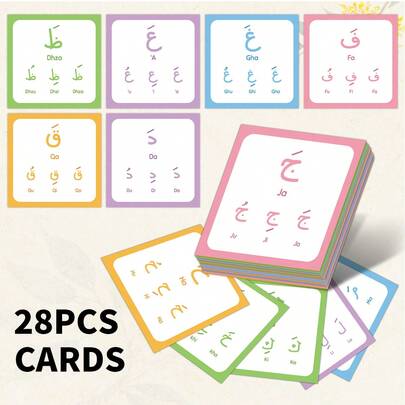 28张阿拉伯语字母闪卡，适合初学者 - 字母位置变化 - 阿拉伯语学习工具，伊斯兰字母教育卡片，阿拉伯语字母学习卡片