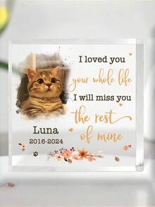1Pc Personalized Acrylic Square Pet Memorial Plaque - Forever Loved Cat Remembrance Keepsake With Angel Wing Design & Custom Name - Elegant Desk Decor For Cat Owners, Heartwarming Illustration - Multicolor - View 5