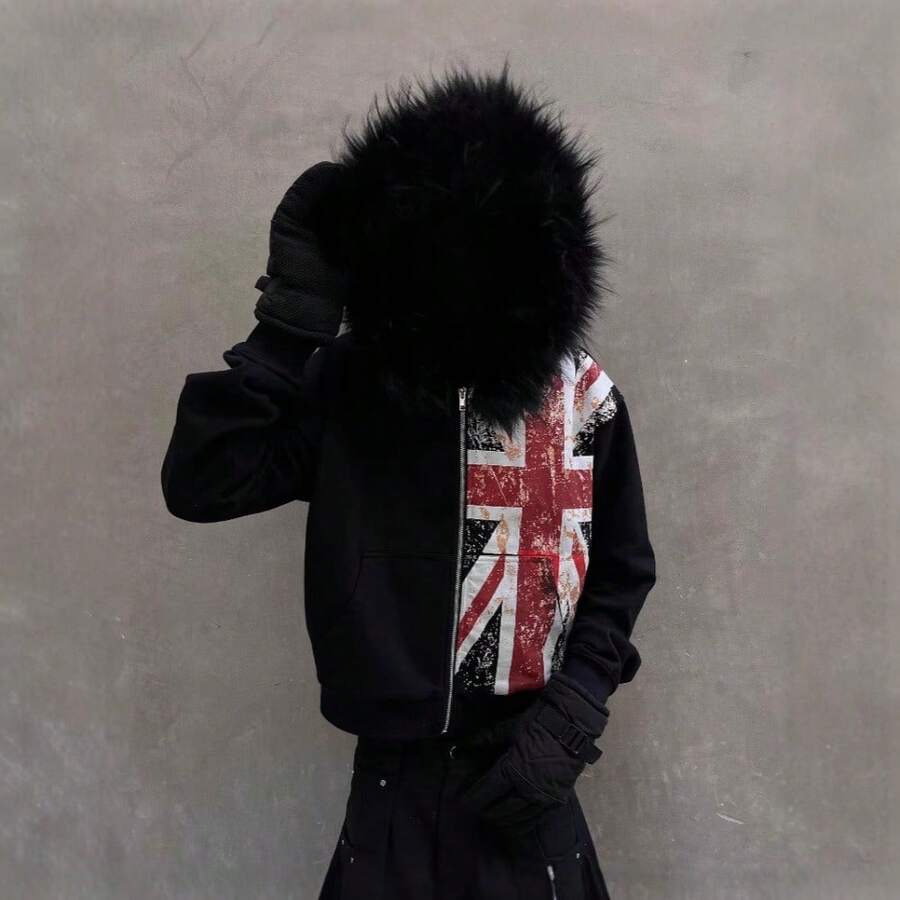 European And American Hooded Cardigan Sweater Black Hairy Hat Loose Hoodie Men And Women Can Wear Tops - 黑色 - 查看 1