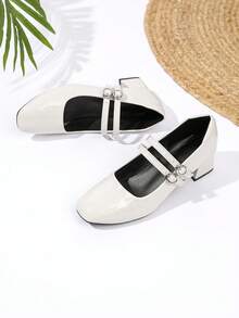 2026春夏优雅亮面白色方头粗跟双扣漆皮玛丽珍鞋，适合通勤、约会、购物、派对、下午茶、休闲外出、毕业季、节日等场合。 - 白色 - 查看 4