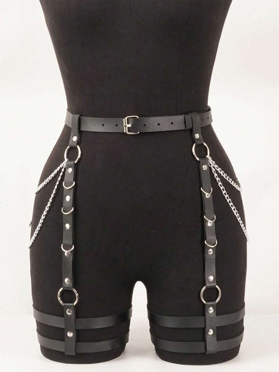 Pu Leather Thigh Garter Belt Leg Harness, Punk Thigh Harness Belt, Punk Rave Outfit Belt. - Black - View 1