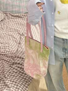 韩式复古小众设计粉绿色清新单肩包，通勤休闲外出皆宜，大容量简约帆布手提包，艺术感十足的腋下单肩水桶包，女士款 - 彩色 - 查看 5