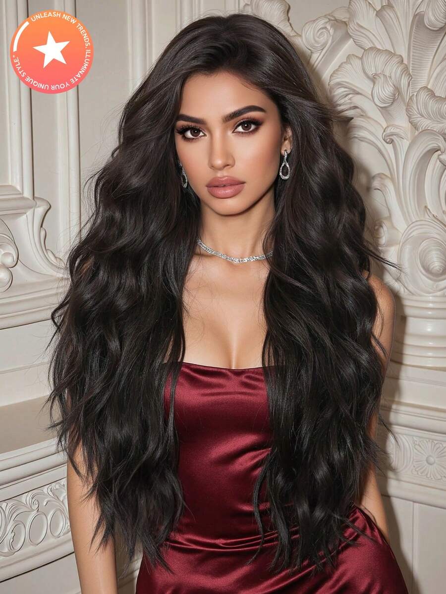 时尚女士长款波浪卷发假发 - 黑棕色 Kanekalon 高温丝，可调节帽型假发，适合所有肤色，浓密卷发，无蕾丝高温丝全头假发，适合日常佩戴 - 黑棕色 - 查看 1