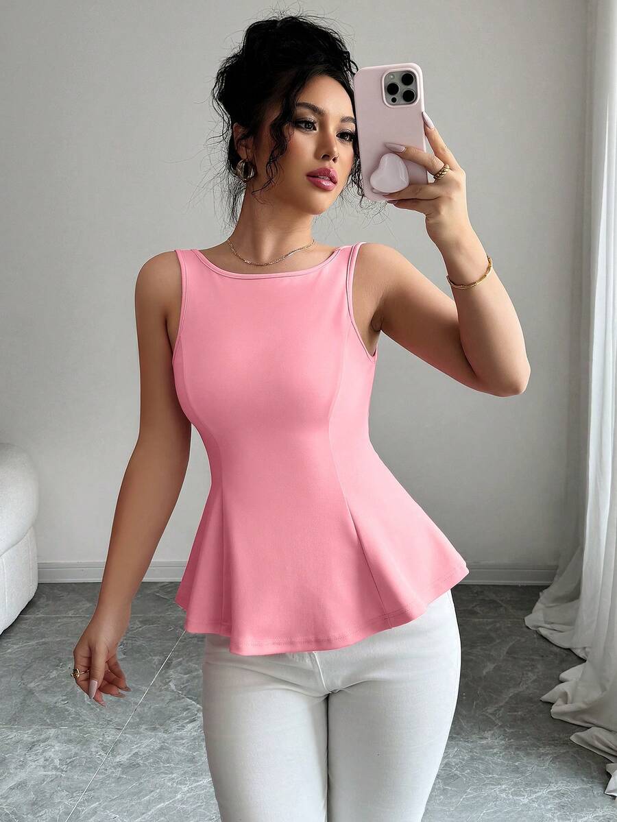 abyoxi Top sin espalda con lazo en el cuello y volantes en el bajo, sin mangas, adecuado para ir a trabajar, uso casual, fiestas de cumpleaños, graduación, té de la tarde, viajes, estilo japonés para mujer en primavera/verano - Rosa Pálido - Ver 1