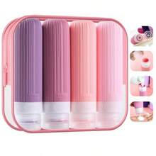 4 Pcs Botellas de Viaje90 ml Botellas de Portatiles de Aprobadas por la TSA Prueba de Fugas Exprimibles Sin BPA Vontenedores de Viaje de Silicona con Bolsa de Aseo Transparente Rosa - Rosado - Ver 1