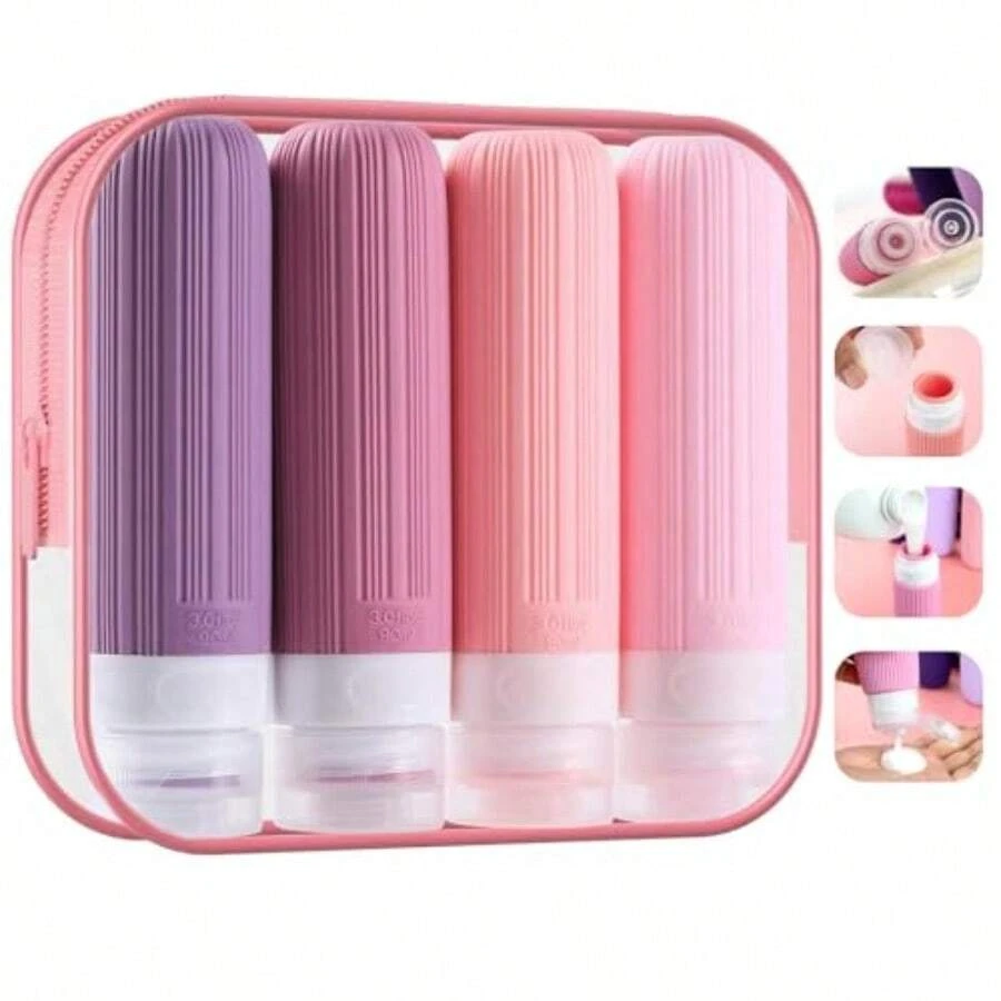 4 Pcs Botellas de Viaje90 ml Botellas de Portatiles de Aprobadas por la TSA Prueba de Fugas Exprimibles Sin BPA Vontenedores de Viaje de Silicona con Bolsa de Aseo Transparente Rosa - Rosado - Ver 1