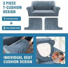 Trugenix-Sofa Cover 2 Piece T Cushion Armchair Slipcovers Velvet Couch Cover Furniture Protector Stretch T Cushion Sofa Covers For 1 Cushion Couch With 1 Individual T Cushion Covers, Deep Teal-GP - Stone Blue - 查看 11