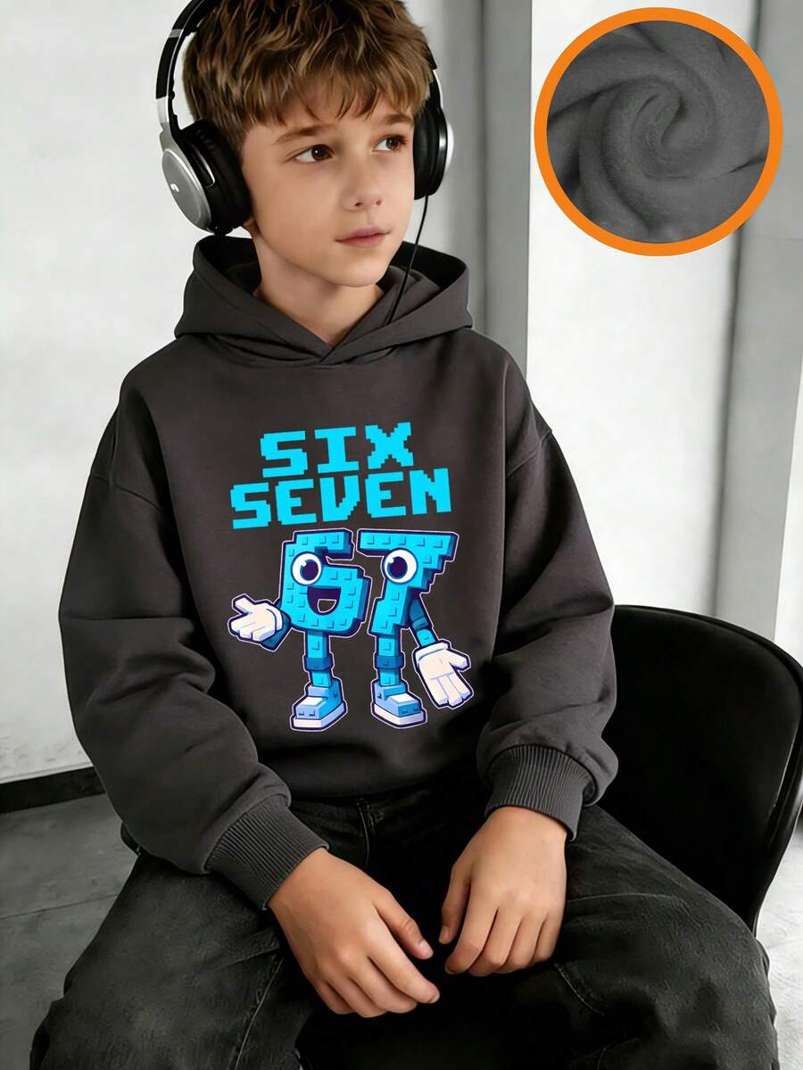 男童印花保暖套头卫衣，秋冬季保暖舒适 - 深灰色 - 查看 1