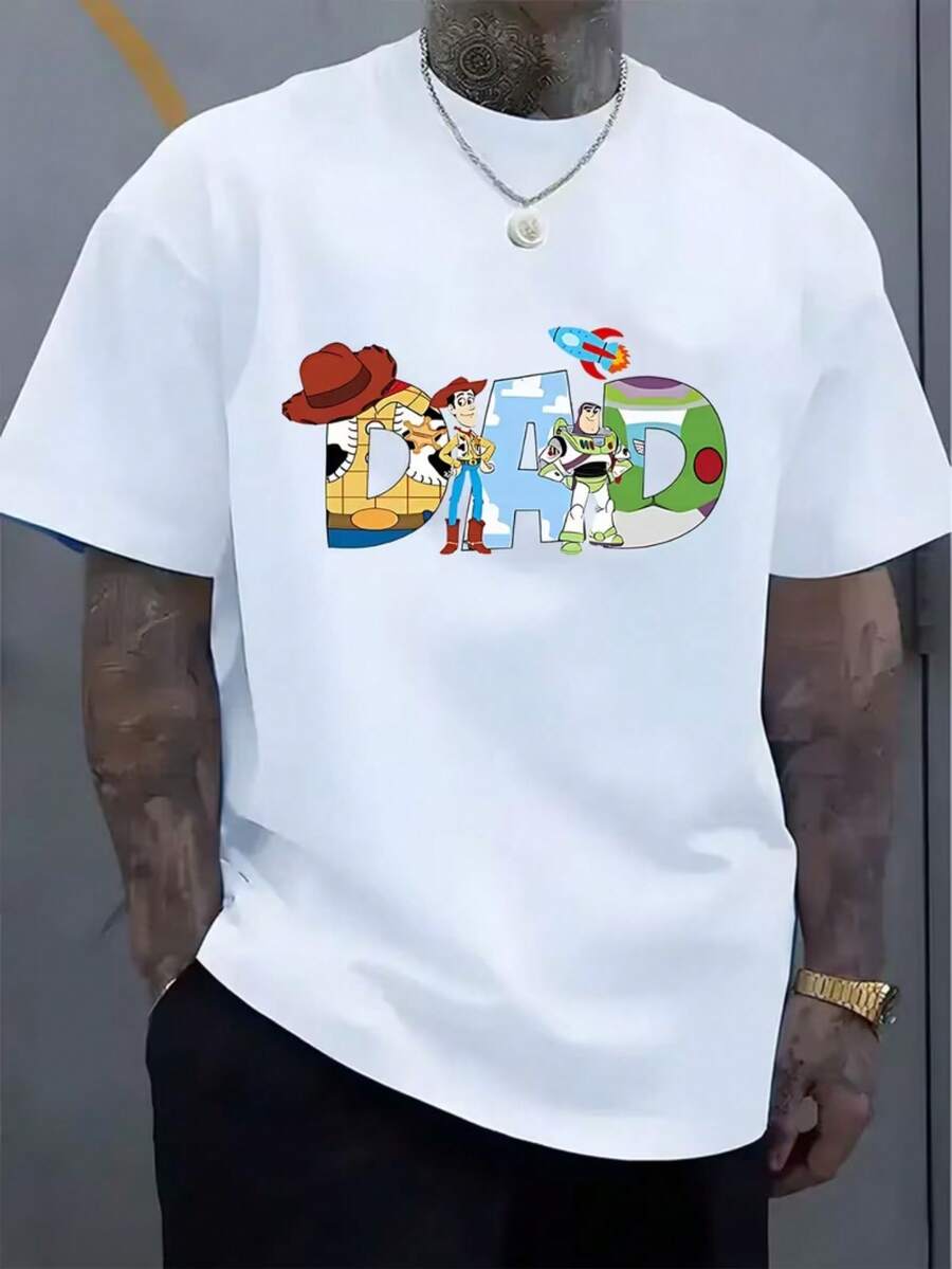 Men's Casual Fashion Disney < < Toy Story > > Father's Day Printed T-Shirt, Round Neck Comfortable Cotton Fabric, Fashionable Street Clothes Suitable For Everyday Wear, Men's Wear. - 白色 - 查看 1