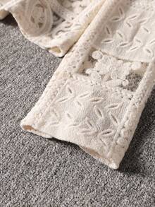 法式浪漫蕾丝刺绣连帽开衫，轻盈拉链针织上衣，适合春夏、度假和海滩穿着 - 杏色 - 查看 6