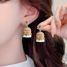 1 Pair Vintage Style Alloy Material Multi-Color Beaded Waterdrop Shaped Earrings, Hollow Bell Design, Small & Delicate, Bohemian Middle Eastern Flower Earrings With Multiple Rhinestones, White Bead Tassel, Suitable For Art, Travel, Holiday, Party, Vacation, Women - Multicolor - View 13