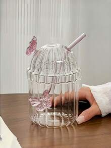 1 Stück Glas Schmetterlingstasse, rosa Schmetterling Frühstückstasse für Milch und Kaffee, transparente vertikal gestreifte niedliche Glastasse, für den Heimgebrauch Eiskaffee Americano Latte Tasse - Verschiedenfarbig - Übersicht 5