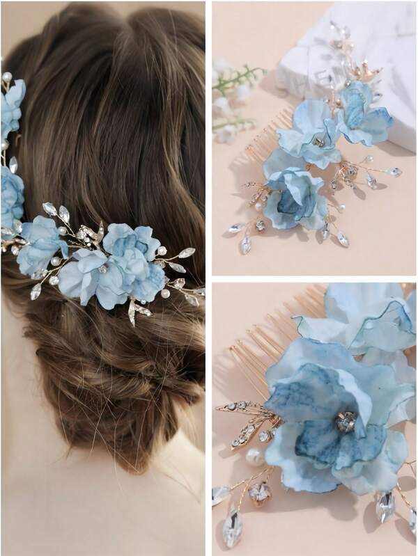 1pc Women's Ombre Chiffon Flower, Golden Metal Leaf & Rhinestone Decor Headpiece, Energetic Rustic Style Suitable For Daily, Party, Wedding Wear