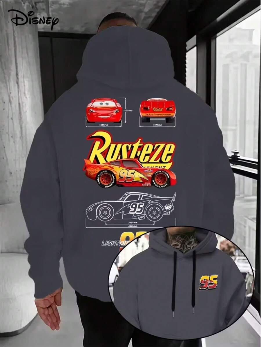 2026DisneyCars LightningMcQueen Hoodie-Men's Blue Racing Pattern Pullover, Loose Hooded Sweater In Front Pocket, Suitable For Casual Wear, Birthday Gift For Disney Pixar Car Fans, Travel Clothes, Playful Design, Comfortable Fabrics, Fan Clothes, Movie Lovers, Home Clothes, Durable Materials, Printed Sweatshirts, Men's. - 灰色 - 查看 1