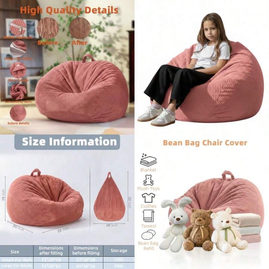 Stuffed Animal Storage Bean Bag Chair Cover No Filler Large Toy Storage Organizer And Comfy Sofa Chair For Playroom Teens Adults Toddler - Corduroy (Pink Cover Only)Full Of Fun - BabyPink - View 1