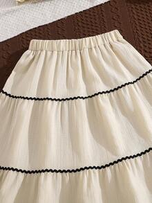 Left Mama 女童优雅泡泡袖单肩吊带背心和迷你裙套装，适合夏季海滩度假 - 杏色 - 查看 6