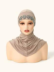 1pc Women's Solid Color Wavy Rhinestone Balaclava Hat, Made Of Modal Fabric, Hot-Fix Rhinestones, Soft & Comfortable Beanie Headscarf, Adjustable Drawstring Headwrap, Fashionable & Versatile Scarf Lining Hat, Suitable For Daily Wear