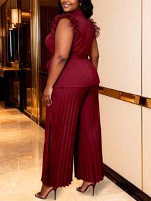 Plus Size Women's Burgundy 2-Piece Set For Office/Valentine's Day, Featuring Ruffle Sleeve Blazer With Belt And Wide Leg Pleated Pants, Elegant Suit Set - Burgundy - View 4