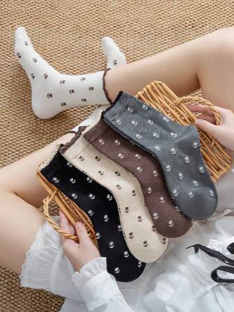 1/3/5 pares de calcetines de media caña para mujer con patrón de encaje de tulipán, calcetines suaves, transpirables y cómodos, uso versátil diario, estilo universitario lindo y de moda