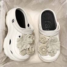 2026 New Summer Thick Sole Peep Toe Sandals Women, Slip-On Faux Pearl Flower Sweet Casual Vacation Commute Clogs - White - View 3