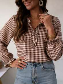 Women's Plaid Ruffle Trim Button Detail Stand Collar Long Sleeve Regular Fit Polyester Blouse - Brown - View 7