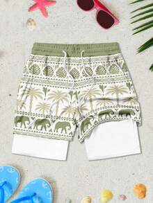 男士抽绳腰带椰树印花休闲度假沙滩短裤 - 彩色 - 查看 3
