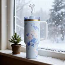 STANLEYO Modern 40oz Light Blue Floral Print Insulated Tumbler With Bow-Topped Straw, White Ergonomic Handle & Gold Accent, Stainless Steel Double-Wall Vacuum Cup For Desk Use, Travel, Daily Commute & Outdoor Activities, Best Christmas & Halloween Gift For Family & Friends - 淺藍色 - 查看 4