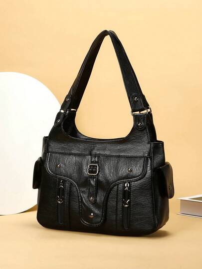 1pc Vintage Large Capacity Handbag, Vintage PU Shoulder Messenger Bag, Women Casual Tote Bag And Wallet