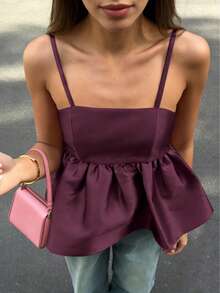 2026 Spring/Summer New Sexy Backless Square Neck Dopamine Purple Ruffle Trim Camisole Top, Holiday Outfit, Summer Vacation Wear, Music Festival Attire, Concert Outfit, Birthday Outfit, Date Night Set, Beach Resort Style, Street Fashion - Purplish-red - View 2