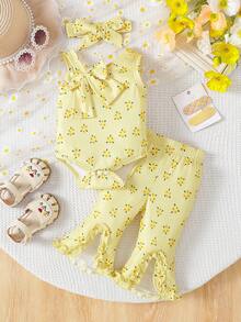 女婴无袖蝴蝶印花连体衣，搭配同款短裤，时尚独特新款 - 黃色 - 查看 1
