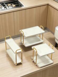 1pc Milky White Rectangular 2-Tier Tray, For Serving Breakfast, Bread, Cake - Milky White - View 11