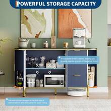 clóset Buffet con Almacenamiento, Moderno clóset de Almacenamiento Credenza Estriado de 60 Pulgadas con Parte Superior de mármol sintético, 2 Puertas correderas de Perfil Curvado y 3 cajones - Azul - Ver 4