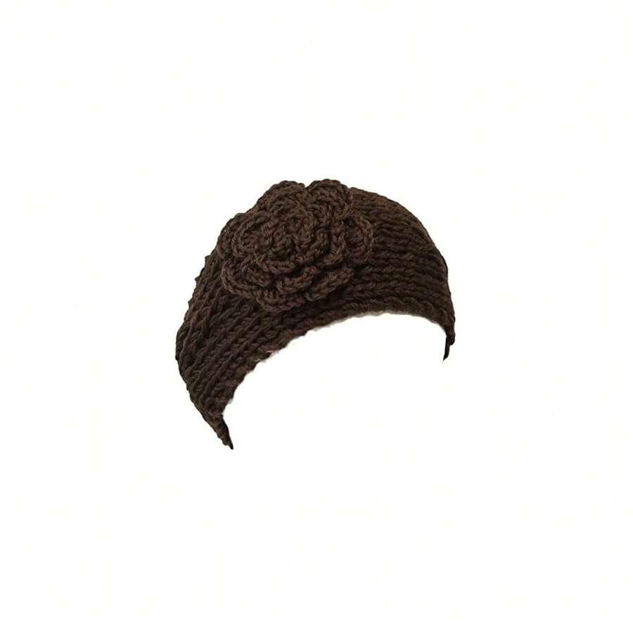 Winter Hand Knit Floral Headband, Dark Brown - 深棕色 - 查看 1