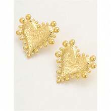 1 Pair Vintage Metal Heart Shaped Stud Earrings, Suitable For Women Everyday Jewelry Wear - 金色 - 查看 4