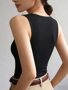Black Ribbed Square Neck Camisole For Women - Built-In Padded Bust Slim Fit Sleeveless Comfortable T-Shirt Top, Soft & Casual Daily Wear - Black - View 6