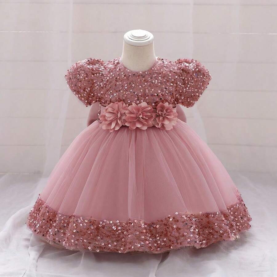 Pink Kids Clothes 2116 Big Bow 3D Flower Girls Frock Tulle Sequins Ball Gown Pageant Children Elegant Princess Prom Host Formal Evening Party Cocktail Dress 0-4Y - 深粉紅色 - 查看 1