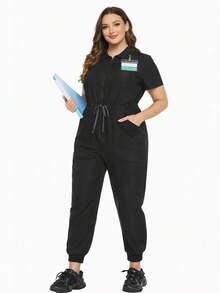 cimmuovere Uniforme de enfermera informal con cremallera frontal, manga corta y cintura con lazo para mujer de talla grande, para dentistas, personal de salud, veterinaria y laboratorio, color negro, primavera - Negro - Ver 8