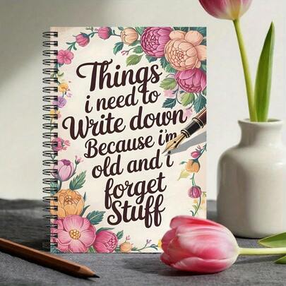 1pc Humorous Spiral Notebook - "Things I Need To Write Down Because I'm Old And Forget Things" - Floral Design With Tulips And Poppies, Vintage Pen, Daily Notes And Lists Art Journal, 5.5x8.3inch Pages, Perfect For Office, School, Or Personal Use, Notebook And Diary