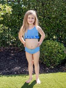 Family Matching Terry Swimwear Blue Stripe Swim Trunks Or Two-Piece Bikini Swimsuit - 藍色 - 查看 5
