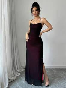 Elegant, Sexy, Retro Women's Dress, High-Waisted, With Side Drawstring And Criss-Cross Straps At The Back, Suitable For Dates, Birthdays, Graduations And Other Occasions. - 酒紅色 - 查看 6
