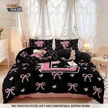 3pcs Bedding Set (1 Duvet Cover + 2 Pillowcases, No Filler), Black Bow & Letter Pattern, Suitable For Daily Use, Festivals, Gifts For Lovers, Friends, Family, Soft, Warm, Skin-Friendly Duvet Cover, Various Sizes, Extra Large Size, Fit For Couples Or Single Bed, Suitable For Boys, Girls, Teenagers Bedroom, Guest Room, Game Room, Vacation Rental And Hotel - 2778+SJT+K - View 5