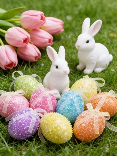 10个复活节闪光挂蛋，彩色金属丝复活节彩蛋装饰品，弹簧泡沫挂蛋装饰品，适用于复活节树、家居派对用品、DIY手工装饰