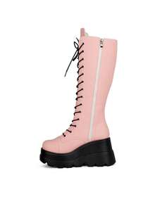 Women's Lace Up Platform Punk Boots With Butterfly Side Zip Knee High Boots Round Toe Wedge Motorcycle Combat Boots Goth Tall Boots For Prom Party Cosplay Dress Shoes - 粉色 - 查看 5