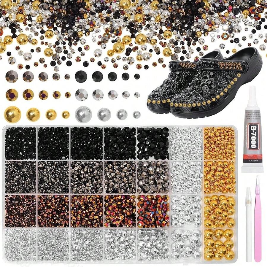 14000Pcs Mixed Black Gold And Silver Flatback Rhinestones And Pearls For Bedazzling Kit, 2-6mm Resin Gems Bedazzling Rhinestone, 4-10mm Flatback Pearls Gems Rhinestones For Crafting DIY Face Makeup - s8 - 查看 1