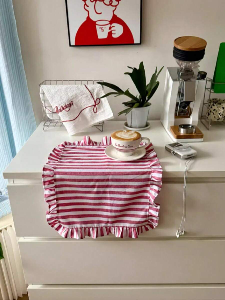 1/2/6pcs Korean Style Striped Ruffle Linen Napkins, Suitable For Valentine's Day, Wedding, Daily Use - Multicolor - View 1